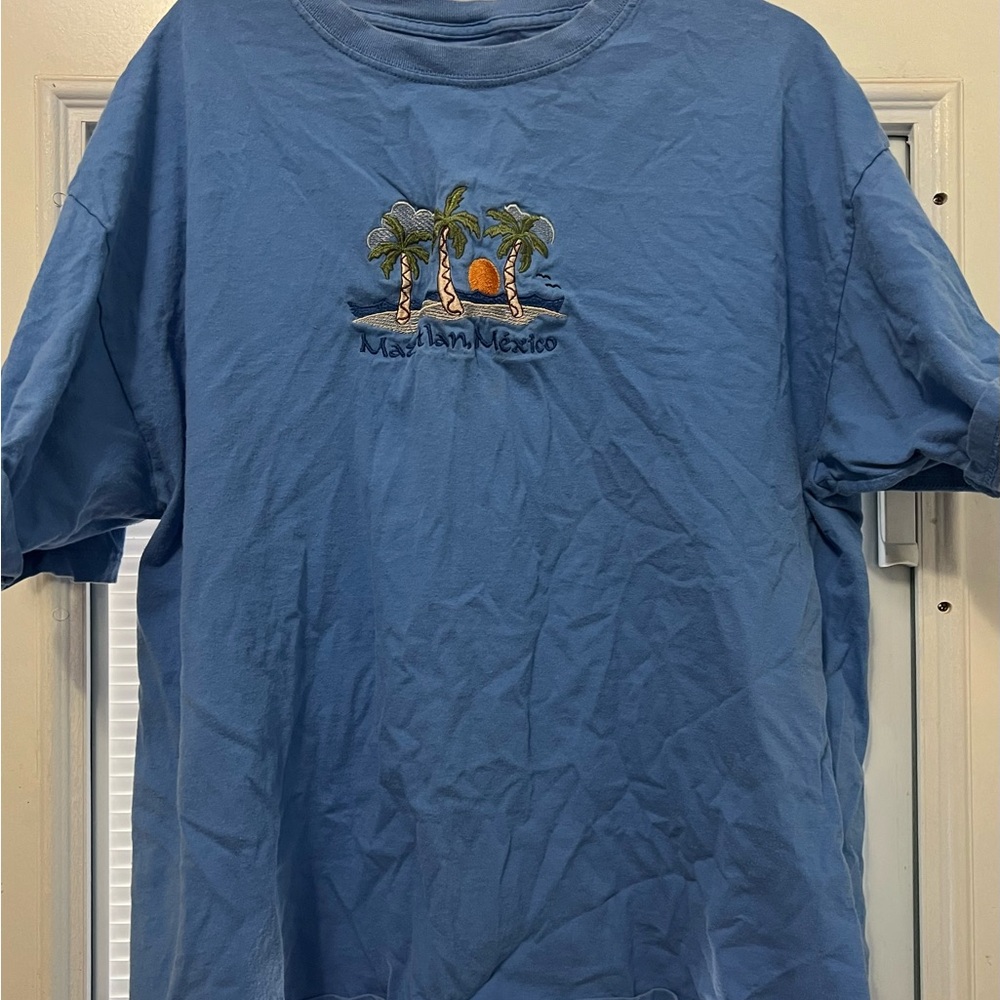 Mazatlan Mexico Embroidered Palm Tree Beach T Shirt XL Blue